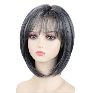 New RENERSHOW Grey Medium Length Bob Wig with Bangs Layered Straight Hair
